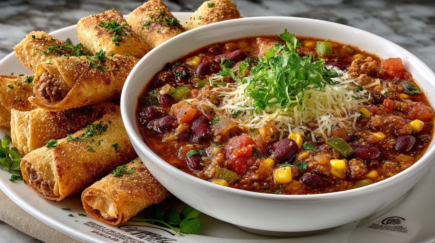 Party Style Taco Soup with Green Chile Chicken Taquito Dunkers