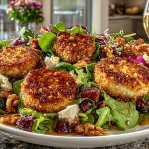 Salad of Walnut Crusted warm Goat Cheese on Baby Greens with crispy Bacon & Champagne Vinaigrette, served with Sparkling Wine