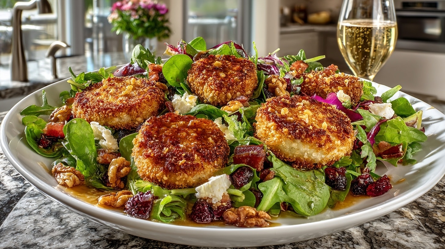 Salad of Walnut Crusted warm Goat Cheese on Baby Greens with crispy Bacon & Champagne Vinaigrette, served with Sparkling Wine