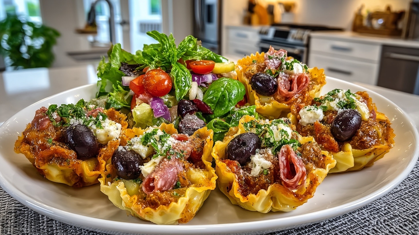 Antipasto Salad in Parmesan Cups served with “Armando Organic Bowtie Pasta” with my Momma's Ragu