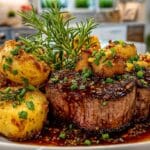 Beef Tenderloin with a Garlic, Honey & Orange Glaze; Buttery Garlic Fondant Potatoes