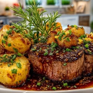 Beef Tenderloin with a Garlic, Honey & Orange Glaze; Buttery Garlic Fondant Potatoes