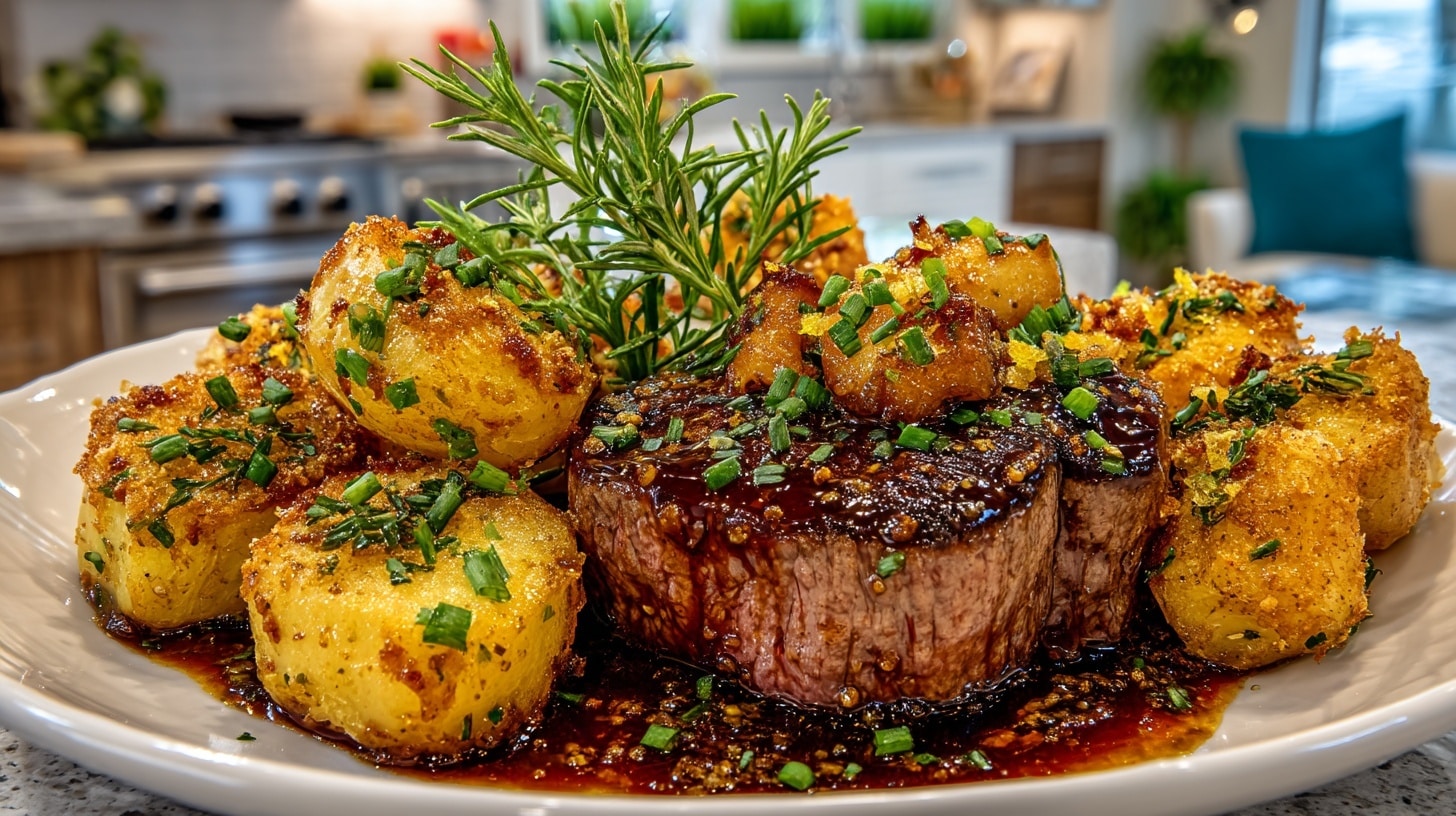 Beef Tenderloin with a Garlic, Honey & Orange Glaze; Buttery Garlic Fondant Potatoes