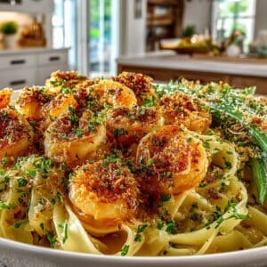 Butter & Garlic Shrimp Scampi over fresh made Fettucine; roasted Green Beans with toasted Garlic Breadcrumbs