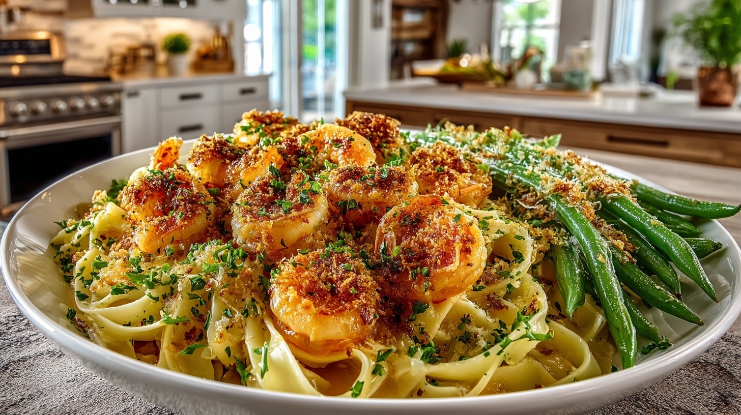 Butter & Garlic Shrimp Scampi over fresh made Fettucine; roasted Green Beans with toasted Garlic Breadcrumbs