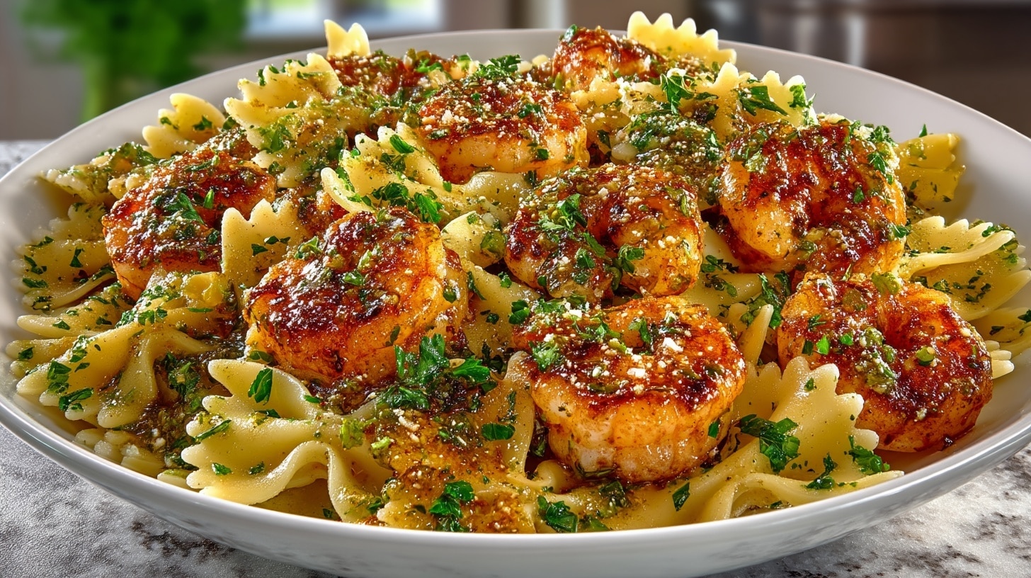 Cast Iron Shrimp Scampi over Farfalle