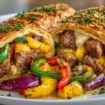 Cheesesteak Beef Wellington - New York Steak, grilled Peppers & Onions with Cheddar wrapped in Puff Pastry