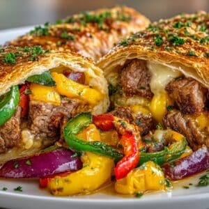 Cheesesteak Beef Wellington - New York Steak, grilled Peppers & Onions with Cheddar wrapped in Puff Pastry