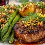 Del Monica style grilled Ribeye Steak with Ginger-Shallot Sauce; Caramelized fresh Dill and grilled fresh Asparagus with Toasted Walnuts & Lemon Zest, served with Zinfandel