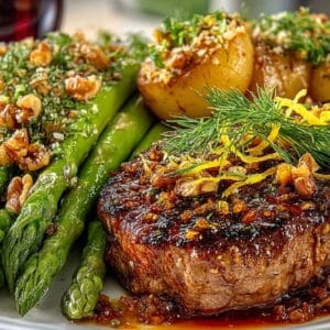 Del Monica style grilled Ribeye Steak with Ginger-Shallot Sauce; Caramelized fresh Dill and grilled fresh Asparagus with Toasted Walnuts & Lemon Zest, served with Zinfandel