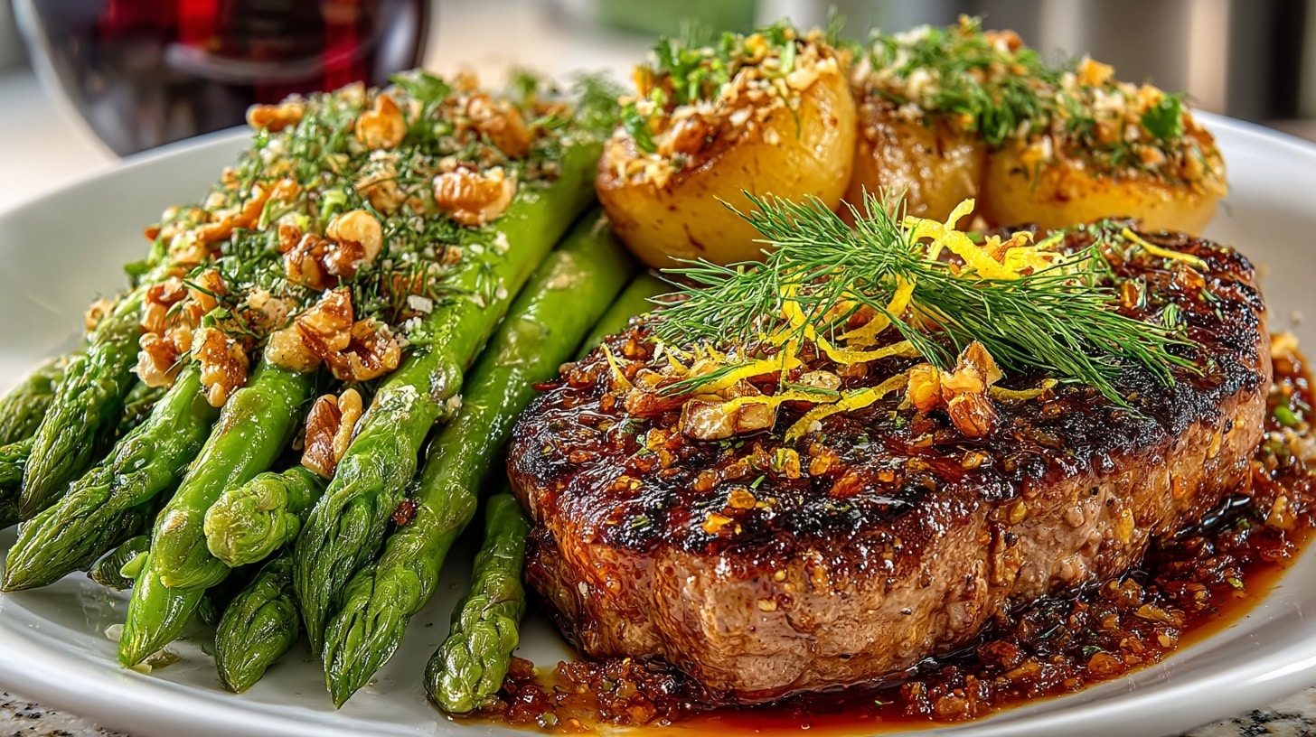 Del Monica style grilled Ribeye Steak with Ginger-Shallot Sauce; Caramelized fresh Dill and grilled fresh Asparagus with Toasted Walnuts & Lemon Zest, served with Zinfandel