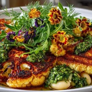 Grilled Cauliflower Steaks with Almond Pesto & Butter Beans