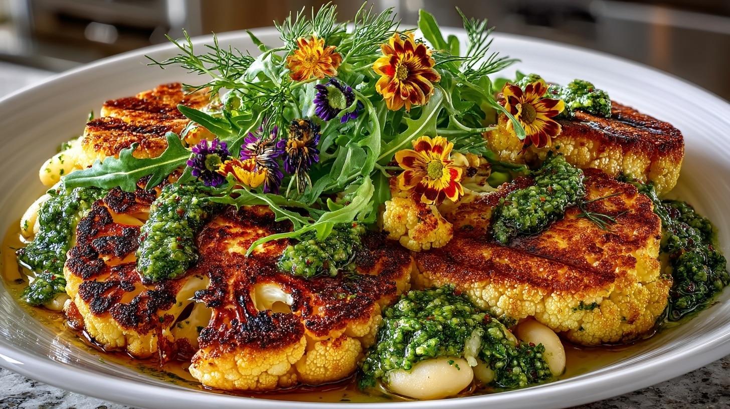 Grilled Cauliflower Steaks with Almond Pesto & Butter Beans