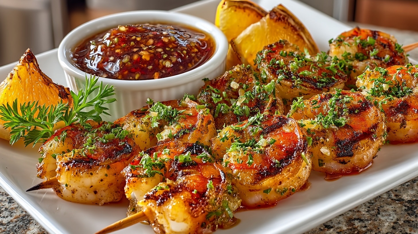 Grilled Shrimp & Citrus Skewers with Sweet Chili Dip