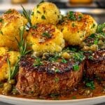 Pan-Seared Flat-Iron Steaks with Creamy Black Pepper-Tarragon Pan Sauce, served with Roasted Cauliflower with Lemon and Capers