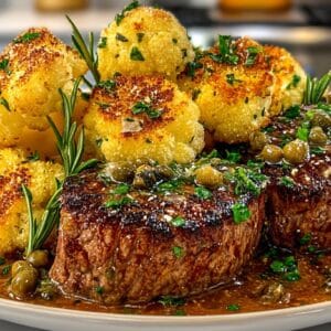 Pan-Seared Flat-Iron Steaks with Creamy Black Pepper-Tarragon Pan Sauce, served with Roasted Cauliflower with Lemon and Capers