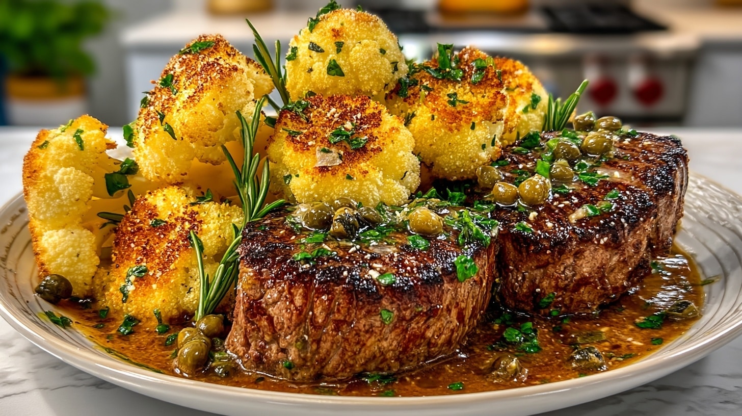 Pan-Seared Flat-Iron Steaks with Creamy Black Pepper-Tarragon Pan Sauce, served with Roasted Cauliflower with Lemon and Capers