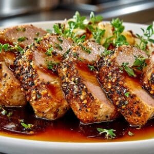 Peppercorn-crusted Pork Tenderloin with Soy-Caramel Sauce
