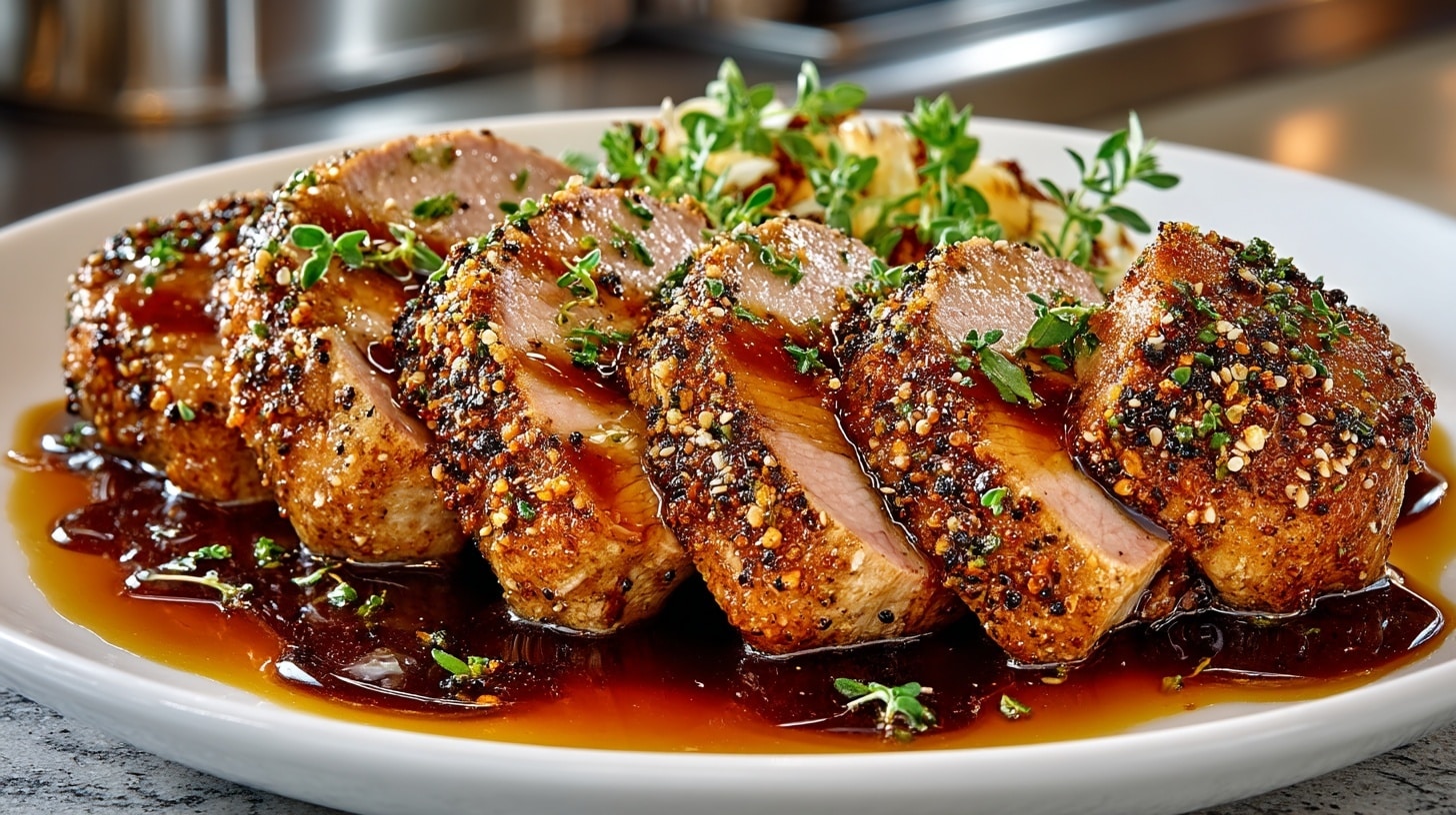 Peppercorn-crusted Pork Tenderloin with Soy-Caramel Sauce