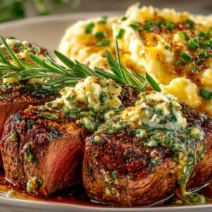 Roasted Beef Tenderloin with Herbed Butter Sauce; Mashed Potatoes with Horseradish and Chives