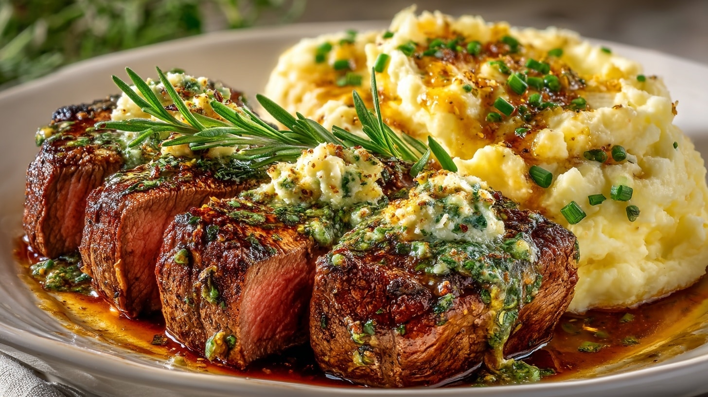 Roasted Beef Tenderloin with Herbed Butter Sauce; Mashed Potatoes with Horseradish and Chives