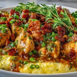 Sautéed Chicken Breasts with Chipotle Green Onion Gravy, served with Creamy Sharp Cheddar Cheese Polenta
