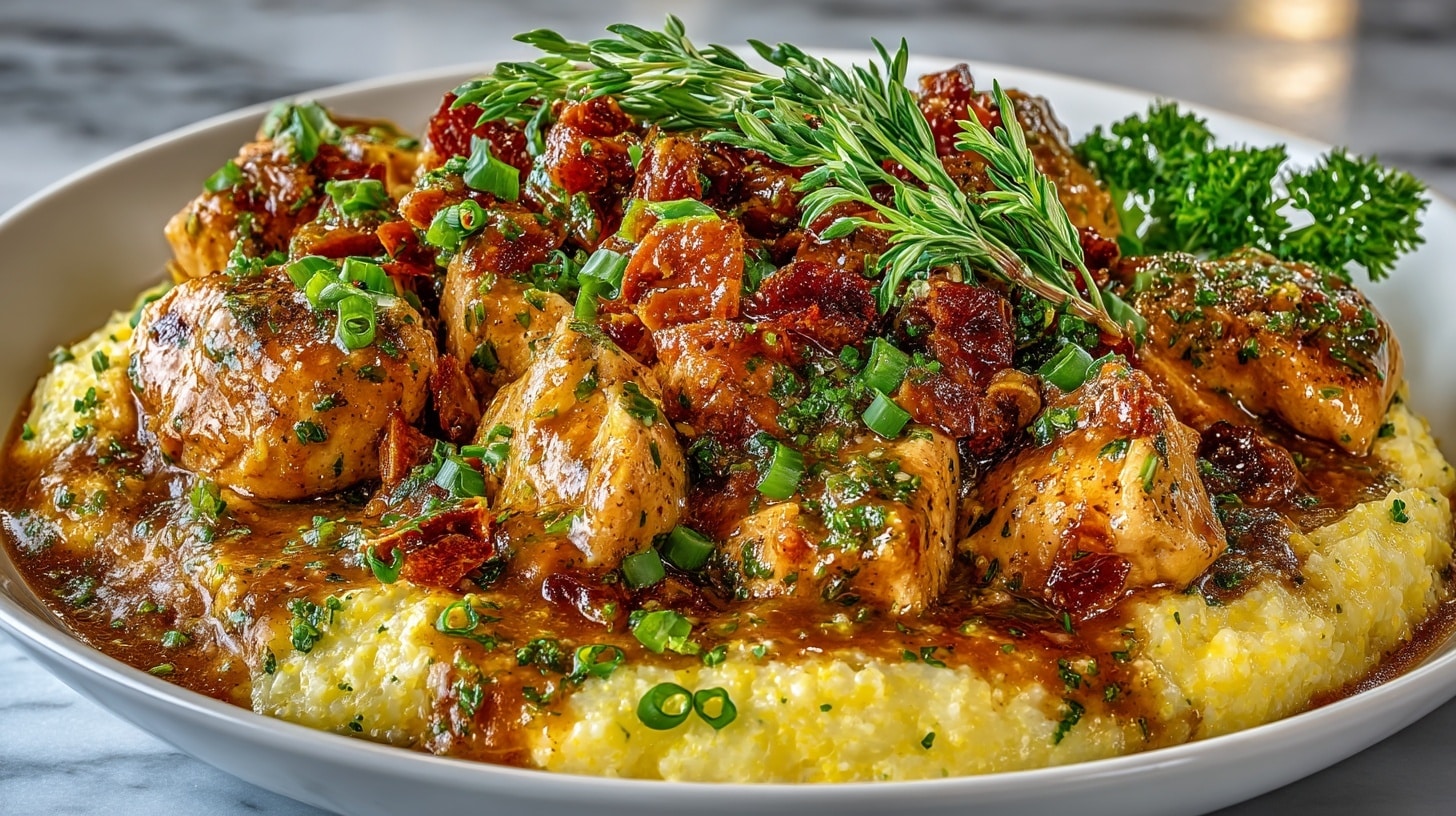 Sautéed Chicken Breasts with Chipotle Green Onion Gravy, served with Creamy Sharp Cheddar Cheese Polenta
