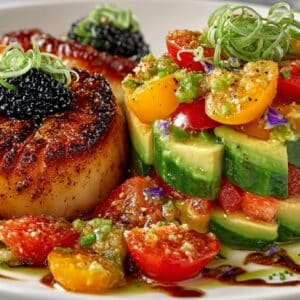 Cast Iron Seared Sea Scallop Amuse with Caviar & Chives, and fresh Crab, Tomato, & Avocado “Tower” Salad with Balsamic Vinaigrette & Basil Oil