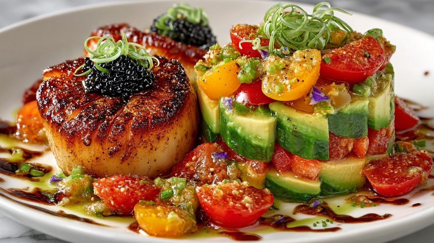 Cast Iron Seared Sea Scallop Amuse with Caviar & Chives, and fresh Crab, Tomato, & Avocado “Tower” Salad with Balsamic Vinaigrette & Basil Oil