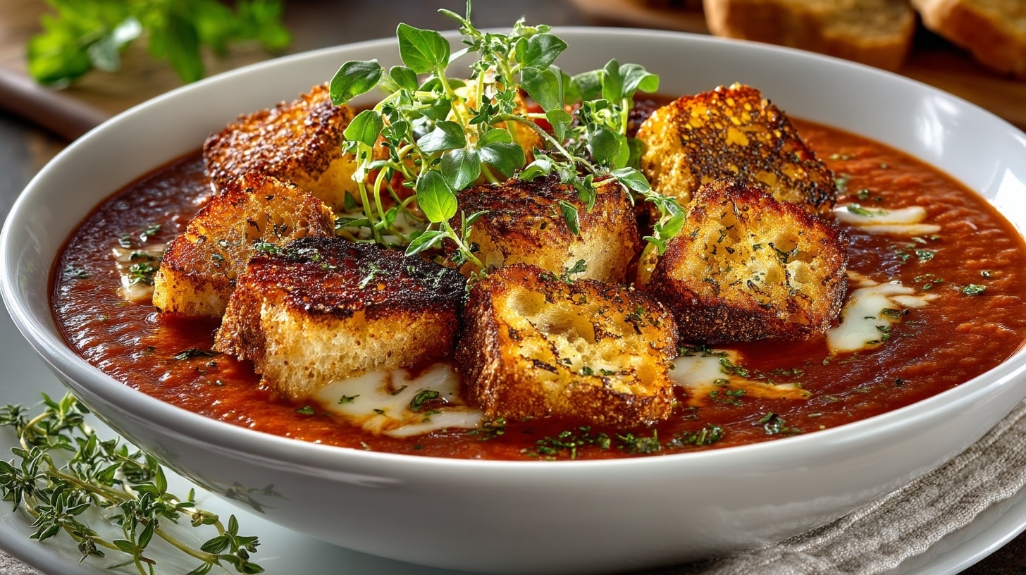 Best Ever Tomato Soup with Grilled Cheese Croutons