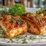 poached Salmon wrapped in Puff Pastry with a light Lemon Crème Sauce