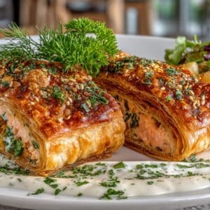 poached Salmon wrapped in Puff Pastry with a light Lemon Crème Sauce