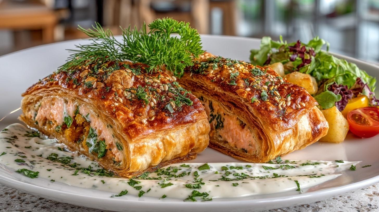 poached Salmon wrapped in Puff Pastry with a light Lemon Crème Sauce
