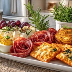 Appetizer Board - Dilly Deviled Eggs; Salami and Potato Roses; Hot, Salty Crackers with Brie, and Mediterranean Spinach and Cheese Crisps.