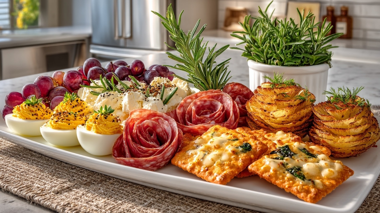 Appetizer Board - Dilly Deviled Eggs; Salami and Potato Roses; Hot, Salty Crackers with Brie, and Mediterranean Spinach and Cheese Crisps.