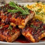 char finished Baby Back Pork Ribs with Coffee BBQ Sauce; Smoked Gouda twice cooked Mashed Potatoes