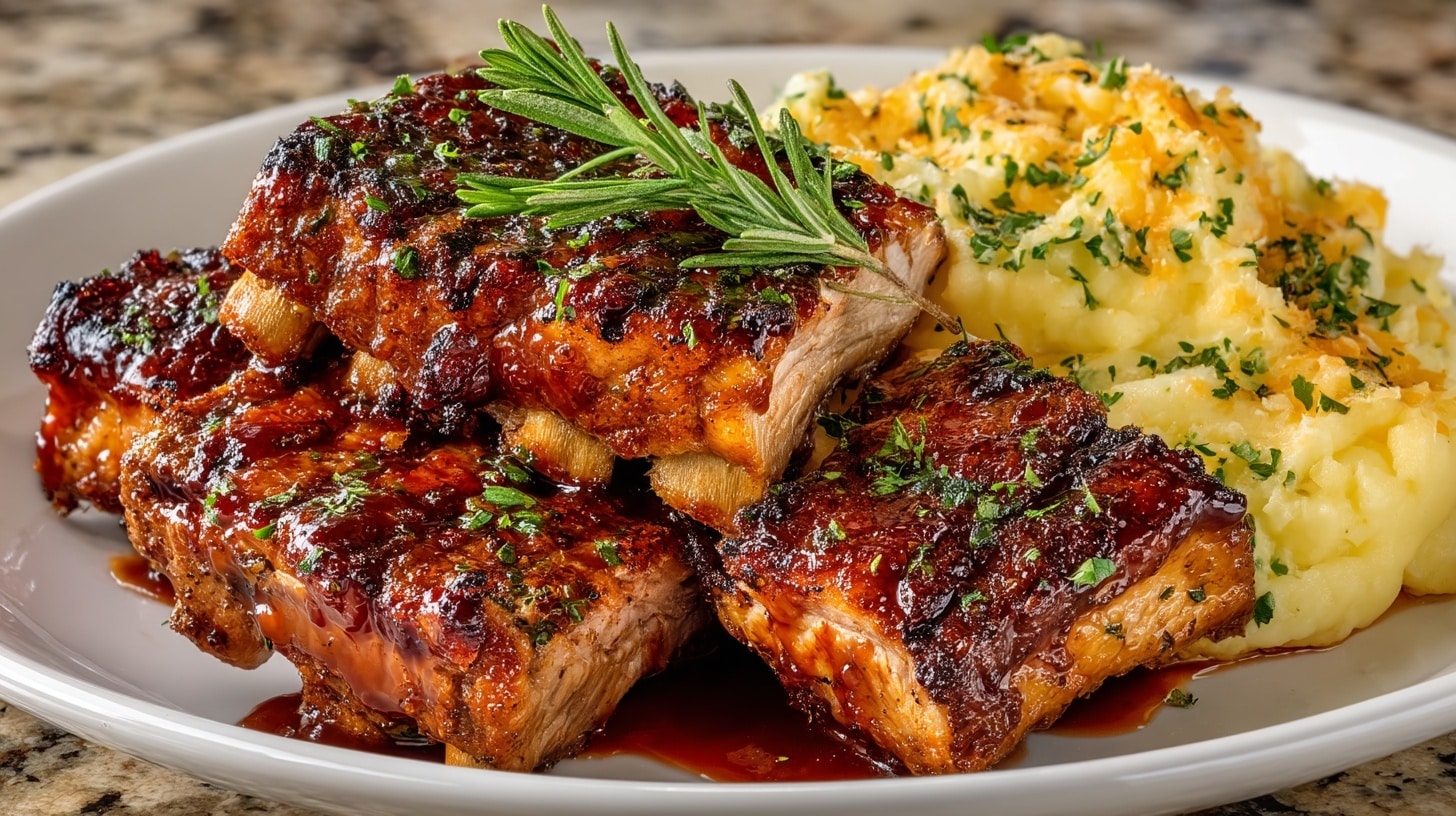 char finished Baby Back Pork Ribs with Coffee BBQ Sauce; Smoked Gouda twice cooked Mashed Potatoes