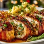 Roasted Bacon-wrapped stuffed Pork Tenderloin with Homemade Applesauce