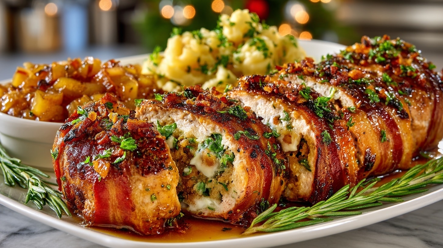 Roasted Bacon-wrapped stuffed Pork Tenderloin with Homemade Applesauce