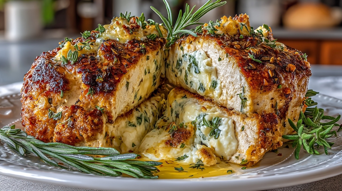 baked stuffed (Cream Cheese and Swiss) Chicken Breast with Garlic Lemon Brown Butter Sauce