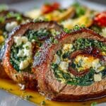 Baked Flank Steak Pinwheels stuffed with Spinach & Feta, served with Mushroom Orzo with Parmesan & Wine