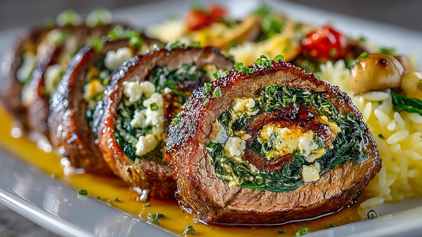Baked Flank Steak Pinwheels stuffed with Spinach & Feta, served with Mushroom Orzo with Parmesan & Wine