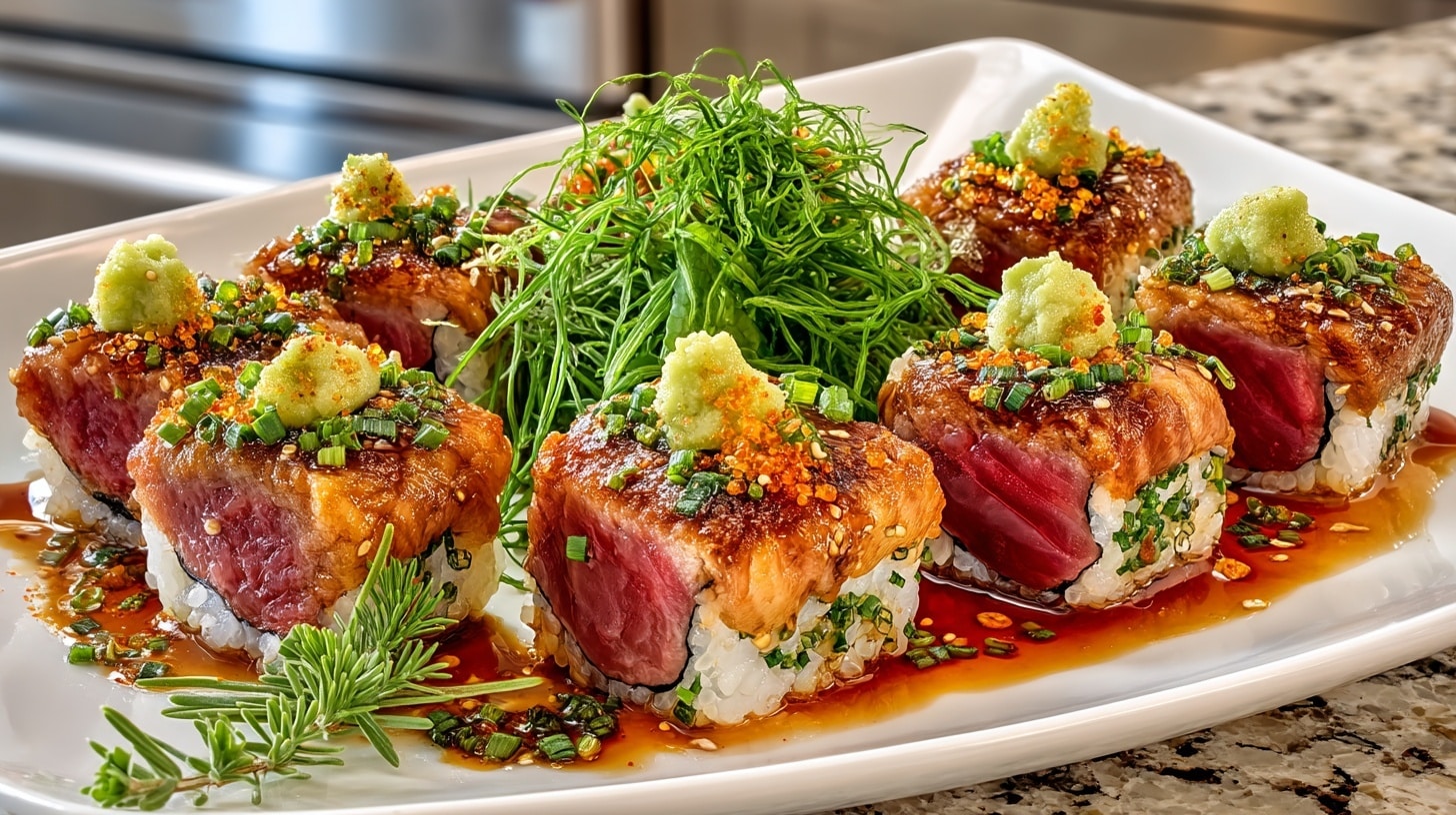 Beef Tataki Sushi Roll with Wasabi & Chives