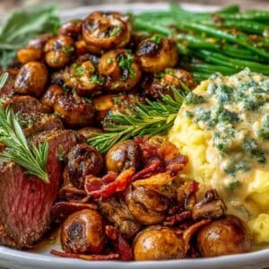 Herb Roasted Beef Tri - Tip with Béarnaise Sauce; Bourbon Butter Sautéed Mushrooms; fresh roasted Green Beans with Candied Bacon Sage & Roasted Garlic Creamy Mashed Potatoes