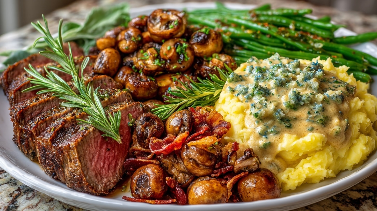 Herb Roasted Beef Tri - Tip with Béarnaise Sauce; Bourbon Butter Sautéed Mushrooms; fresh roasted Green Beans with Candied Bacon Sage & Roasted Garlic Creamy Mashed Potatoes