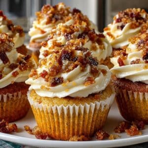 Bourbon Cupcakes with Maple Buttercream & Bourbon Maple Glazed Bacon Sprinkles
