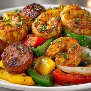 Air fryer Cajun Shrimp dinner with Peppers, Onions, and Turkey Kielbasa