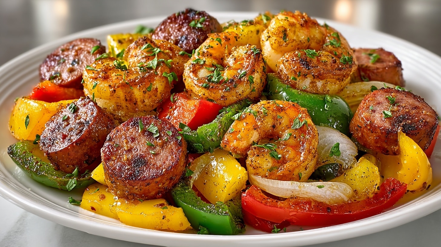 Air fryer Cajun Shrimp dinner with Peppers, Onions, and Turkey Kielbasa