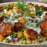Cauliflower Biryani (Roasted Cauliflower seasoned with Cardamom and Cumin with spiced Basmati Rice and an Herbed Yogurt Sauce)