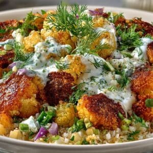 Cauliflower Biryani (Roasted Cauliflower seasoned with Cardamom and Cumin with spiced Basmati Rice and an Herbed Yogurt Sauce)